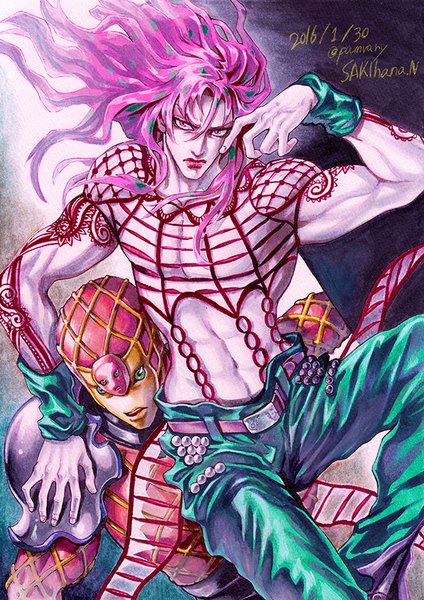 Anime picture 600x848 with jojo no kimyou na bouken diavolo king crimson (stand) sakihana long hair tall image hair between eyes signed pink hair pink eyes multicolored hair two-tone hair multiple boys tattoo lipstick dated muscle red lipstick traditional media stand (jojo)