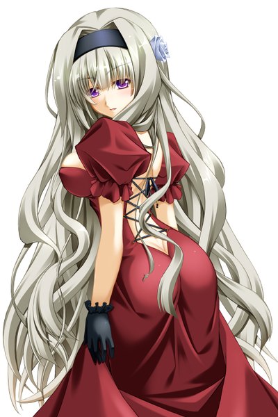 Anime picture 1024x1536 with original argenteumastrum single long hair tall image light erotic simple background white background purple eyes white hair looking back hair flower girl dress gloves hair ornament hairband
