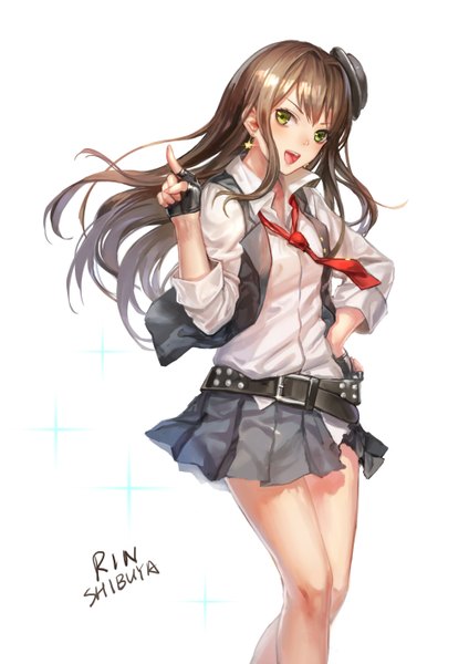 Anime picture 1000x1414 with idolmaster idolmaster cinderella girls shibuya rin infukun single long hair tall image blush open mouth simple background brown hair white background green eyes pleated skirt rocking school girl skirt gloves hat earrings