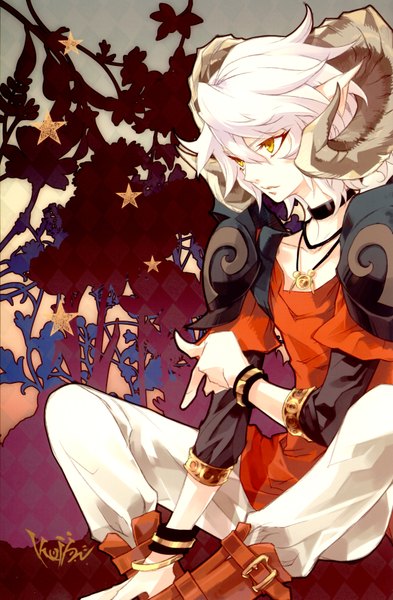 Anime picture 2288x3494 with itou noiji single tall image highres short hair blonde hair yellow eyes absurdres horn (horns) boy bracelet pendant