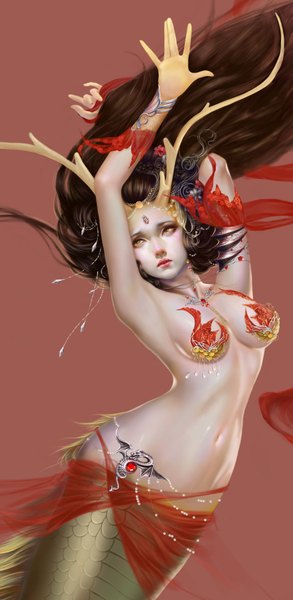 Anime picture 1881x3843 with original nana hang long hair tall image highres breasts light erotic simple background brown hair horn (horns) realistic armpit (armpits) midriff fantasy girl navel jewelry mermaid