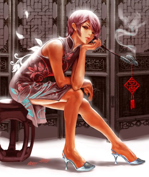 Anime picture 2953x3508 with vocaloid meiko feitie (artist) tall image highres short hair red eyes brown hair sitting chinese clothes smoke smoking girl chinese dress