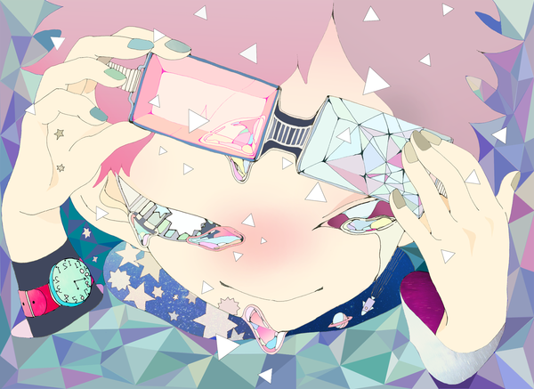 Anime picture 1750x1275 with original suporon single looking at viewer highres short hair smile pink hair nail polish multicolored hair tears close-up face crying multicolored nail polish boy glasses star (symbol) clock planet