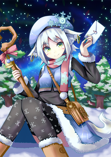 Anime picture 707x1000 with original akiyasu (artist) single tall image looking at viewer short hair smile green eyes animal ears white hair tail animal tail winter snowflake print girl thighhighs black thighhighs plant (plants) tree (trees) boots
