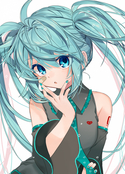 Anime picture 1253x1747 with vocaloid hatsune miku gotoh510 single long hair tall image looking at viewer fringe blue eyes hair between eyes white background twintails bare shoulders payot upper body nail polish aqua hair dated messy hair bandaid on face