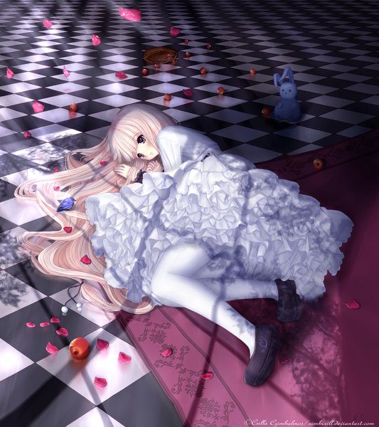 Anime picture 1600x1800 with original ximbixill single long hair tall image blush blonde hair sitting looking away pink hair light smile sunlight shadow checkered floor checkered girl dress animal petals pantyhose