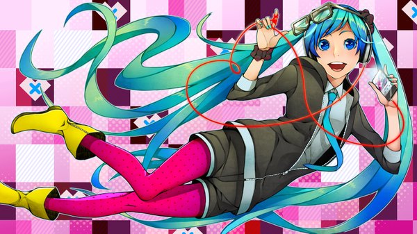Anime picture 1466x825 with vocaloid hatsune miku shiro (artist) single looking at viewer blush fringe open mouth blue eyes smile wide image twintails very long hair aqua hair open clothes open jacket legwear under shorts girl shirt pantyhose