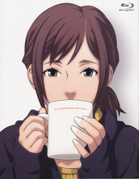 Anime picture 3200x4101 with eve no jikan sammy (eve no jikan) single tall image highres simple background brown hair white background absurdres grey eyes drinking girl sweater cup cyborg