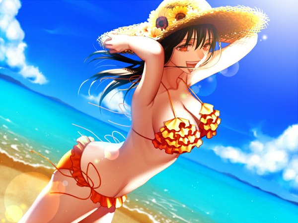 Anime picture 1000x750 with original arkray single long hair breasts open mouth light erotic black hair red eyes sky cloud (clouds) outdoors happy girl flower (flowers) swimsuit hat bikini sea side-tie bikini