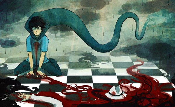 Anime picture 1700x1047 with homestuck john egbert the-everlasting-ash short hair black hair wide image checkered floor boy hat glasses blood