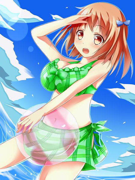 Anime picture 750x1000 with hataraku maou-sama! white fox sasaki chiho yahiro (anhnw) single tall image looking at viewer blush short hair breasts open mouth light erotic smile brown hair large breasts bare shoulders brown eyes sky cleavage cloud (clouds)