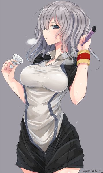 Anime picture 1217x2046 with kantai collection kashima training cruiser nao (qqqbb) single long hair tall image looking at viewer fringe breasts blue eyes simple background hair between eyes large breasts twintails signed silver hair grey background wet sweat alternate costume