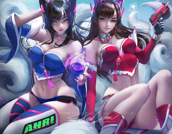 Anime picture 1200x936 with league of legends overwatch blizzard entertainment ahri (league of legends) d.va (overwatch) sakimichan long hair looking at viewer breasts light erotic black hair brown hair large breasts sitting bare shoulders multiple girls holding brown eyes signed animal ears