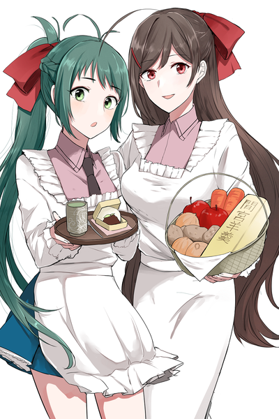 Anime picture 1000x1500 with kantai collection mamiya food supply ship irako food supply ship morinaga (harumori) long hair tall image looking at viewer simple background red eyes brown hair white background multiple girls holding green eyes payot ahoge ponytail green hair :o girl