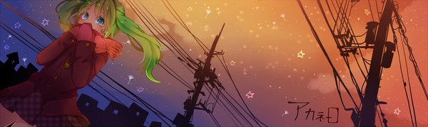 Anime picture 1789x536 with vocaloid hatsune miku itamidome single long hair blue eyes wide image twintails aqua hair hieroglyph girl skirt miniskirt scarf star (symbol) wire (wires) power lines mittens