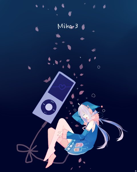 Anime picture 800x1000 with utau ipod mika-03 itamidome single long hair tall image open mouth simple background twintails white hair underwater girl detached sleeves petals headdress heart headphones bubble (bubbles) digital media player
