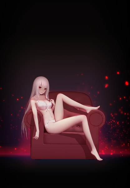 Anime picture 1500x2156 with date a live empty (date a live) maredoro single long hair tall image looking at viewer blush fringe breasts light erotic black hair simple background smile red eyes sitting bare shoulders payot cleavage full body