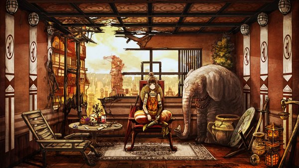 Anime picture 1422x800 with original toi (number8) single long hair looking at viewer red eyes brown hair wide image sitting traditional clothes girl weapon animal sword umbrella necklace table skull elephant