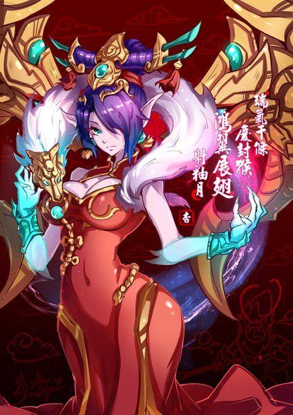 Anime picture 800x1131 with league of legends morgana (league of legends) sueyen (artist) single tall image fringe short hair breasts large breasts purple hair aqua eyes pointy ears hair over one eye girl dress navel earrings wings