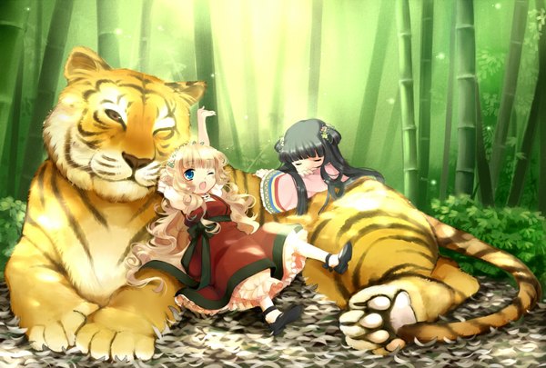 Anime picture 1000x675 with hanabana tsubomi long hair blush open mouth blue eyes black hair blonde hair multiple girls lying eyes closed one eye closed wink girl dress 2 girls plant (plants) animal child (children) bamboo tiger