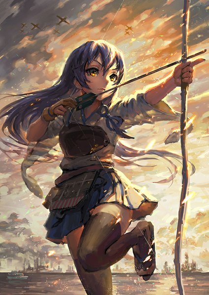Anime picture 708x1000 with kantai collection love live! school idol project sunrise (studio) love live! sonoda umi haoni single long hair tall image yellow eyes blue hair looking away sky traditional clothes japanese clothes cosplay kaga (kantai collection) (cosplay) girl thighhighs skirt