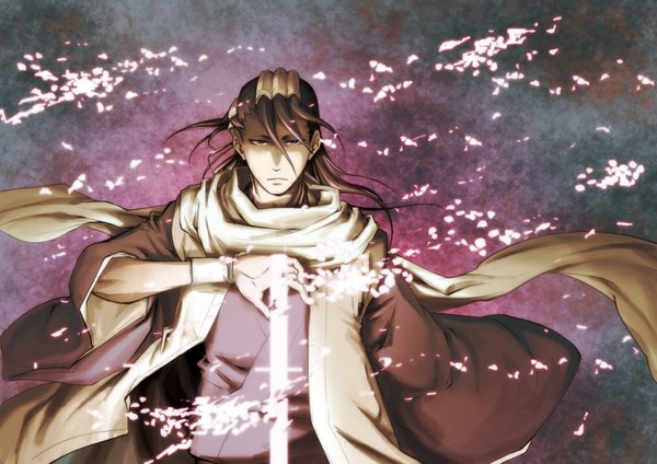 Anime picture 1000x707 with bleach studio pierrot kuchiki byakuya makoto (author) single long hair looking at viewer brown hair traditional clothes japanese clothes wind glowing shinigami gotei boy weapon petals sword scarf katana