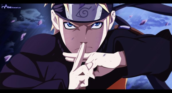 Anime picture 2427x1318 with naruto studio pierrot naruto (series) uzumaki naruto i-azu single highres short hair blue eyes blonde hair wide image cloud (clouds) night sky coloring facial mark portrait letterboxed whisker markings jinchuriki boy