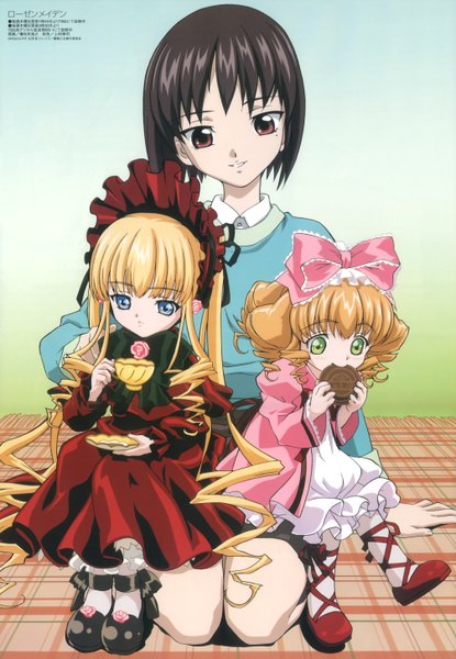 Anime picture 1006x1453 with rozen maiden megami magazine shinku hina ichigo kashiwaba tomoe kasugai hiroyuki long hair tall image short hair blue eyes black hair blonde hair multiple girls brown eyes green eyes official art girl dress 3 girls bonnet