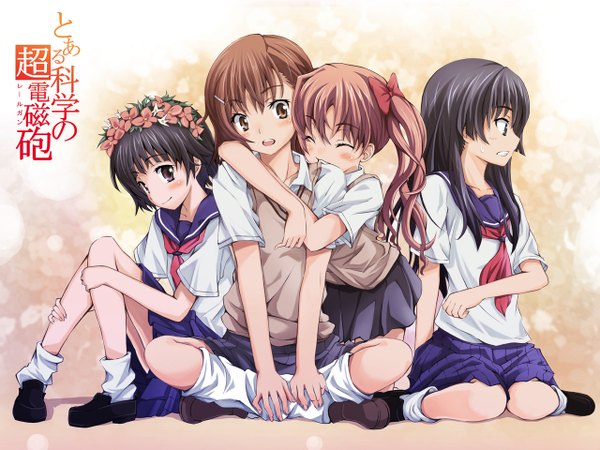 Anime picture 1280x960 with to aru kagaku no railgun j.c. staff misaka mikoto shirai kuroko saten ruiko uiharu kazari chiri (atlanta) long hair blush short hair open mouth black hair smile brown hair twintails multiple girls brown eyes eyes closed profile pleated skirt