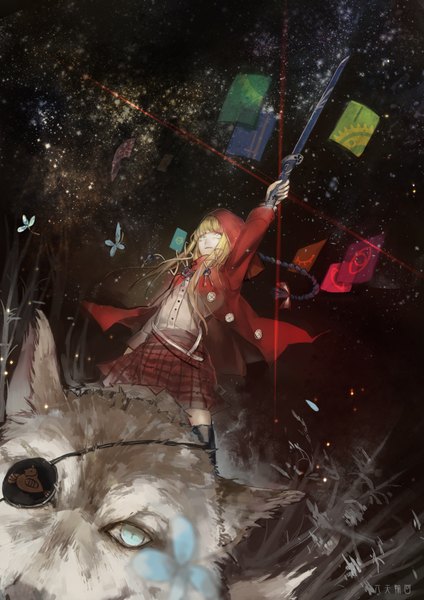 Anime picture 2480x3508 with little red riding hood original little red riding hood (character) big bad wolf nibanmachi wakai long hair tall image highres blue eyes blonde hair inscription black background plaid skirt dark background eyes girl thighhighs black thighhighs plant (plants) shirt