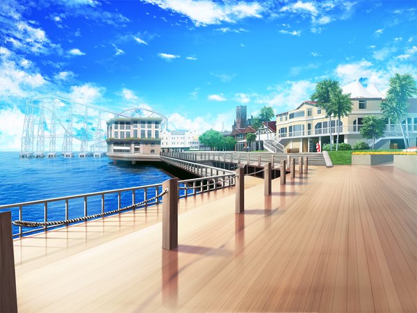 Anime picture 1024x768 with lovely x cation 2 hibiki works game cg sky cloud (clouds) no people landscape plant (plants) tree (trees) sea house