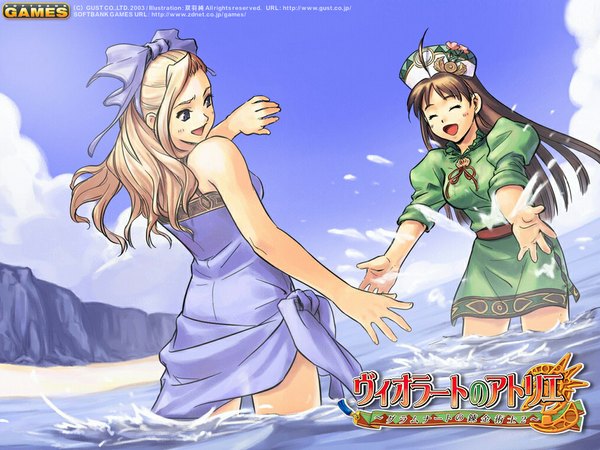 Anime picture 1024x768 with long hair open mouth blonde hair brown hair multiple girls cloud (clouds) eyes closed beach seaside girl 2 girls splashes