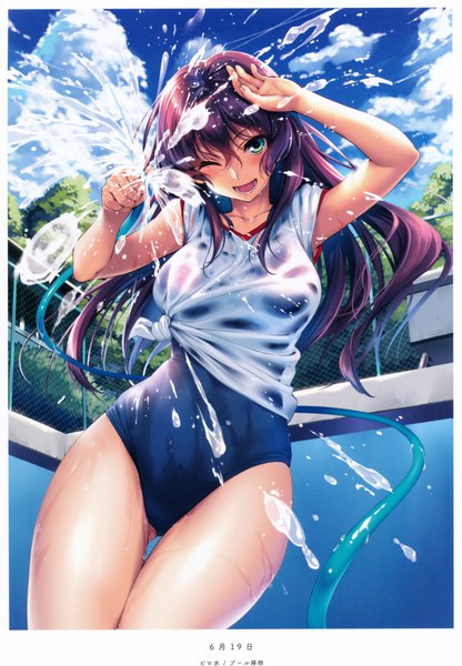 Anime picture 5226x7527 with original piromizu single long hair tall image blush highres open mouth blue eyes light erotic absurdres sky purple hair cloud (clouds) one eye closed scan official art girl swimsuit water