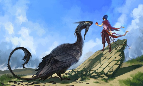 Anime picture 1280x776 with unodu short hair red eyes wide image blue hair sky cloud (clouds) tail horn (horns) boy animal bird (birds) cape feather (feathers) fruit apple stone (stones)