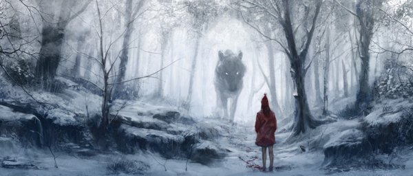 Anime picture 1428x610 with original kan muftic (artist) long hair black hair wide image back winter snow no face blank eyes girl plant (plants) animal tree (trees) blood forest cap wolf