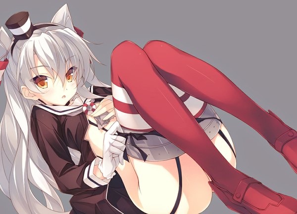 Anime picture 1000x720 with kantai collection amatsukaze destroyer amami mikihiro single long hair looking at viewer open mouth light erotic white hair orange eyes two side up girl thighhighs hat shoes hair tubes mini hat mini top hat