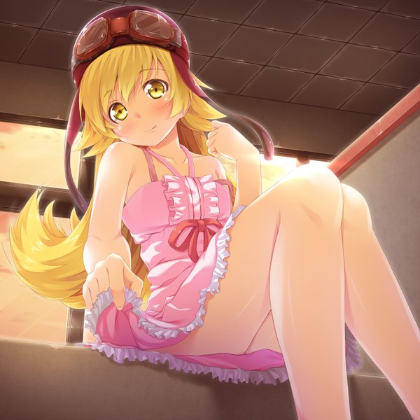 Anime picture 1400x1400 with bakemonogatari shaft (studio) monogatari (series) oshino shinobu olive (laai) single long hair looking at viewer blush breasts light erotic blonde hair smile sitting bare shoulders yellow eyes sky cloud (clouds) evening flat chest