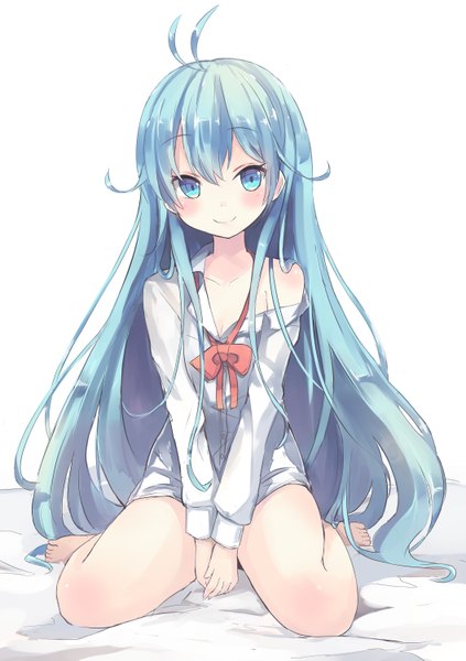 Anime picture 1057x1499 with denpa onna to seishun otoko shaft (studio) touwa erio nanashina (artist) single long hair tall image looking at viewer blush fringe blue eyes simple background smile white background sitting bare shoulders ahoge barefoot aqua hair bare legs