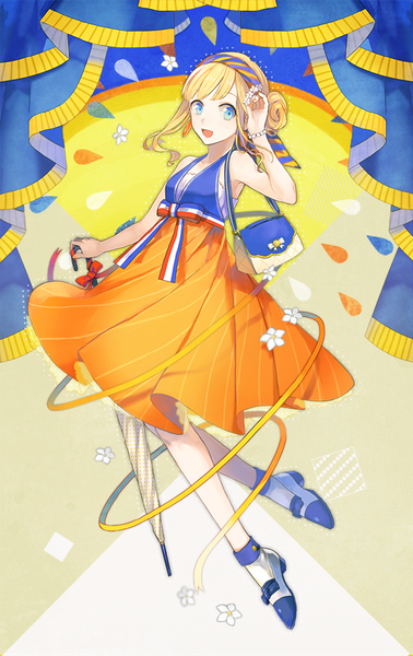 Anime picture 630x1000 with original orangina hou (ppo) single tall image short hair open mouth blue eyes blonde hair bare shoulders looking away hair bun (hair buns) closed umbrella flag print france girl earrings bracelet hairband umbrella