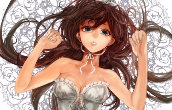 Anime picture 2800x1800 with vocaloid tcb (pixiv) single long hair looking at viewer fringe highres breasts open mouth light erotic brown hair bare shoulders cleavage lying aqua eyes lips girl