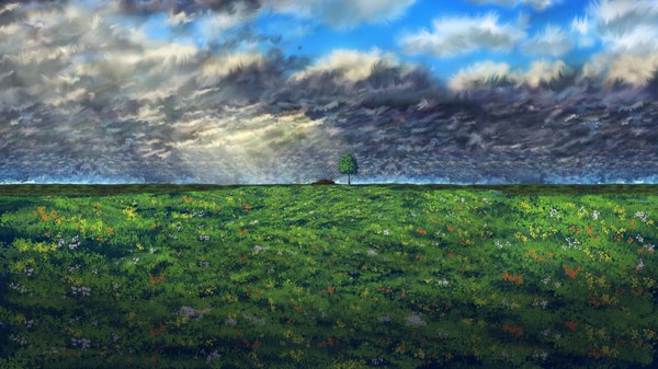 Anime picture 3840x2160 with original tomok1 highres wide image absurdres sky cloud (clouds) no people landscape field flower (flowers) plant (plants) tree (trees)