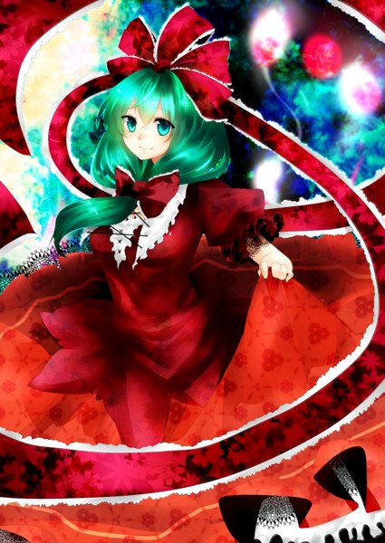 Anime picture 1200x1694 with touhou kagiyama hina yutazou single long hair tall image fringe smile hair between eyes aqua eyes green hair girl dress bow ribbon (ribbons) hair ribbon red dress