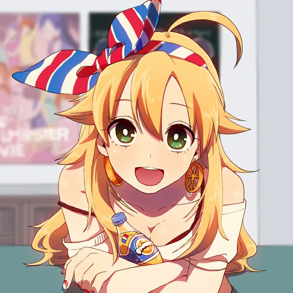 Anime picture 800x800 with idolmaster orangina hoshii miki maguro (ma-glo) single long hair looking at viewer open mouth blonde hair bare shoulders green eyes cleavage ahoge nail polish :d leaning leaning forward crossed arms nail art flag print