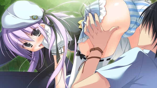 Anime picture 2560x1440 with 1/2 summer kuonji sora sesena yau long hair blush highres open mouth light erotic wide image twintails game cg purple hair ass black eyes girl thighhighs boy underwear panties ribbon (ribbons)