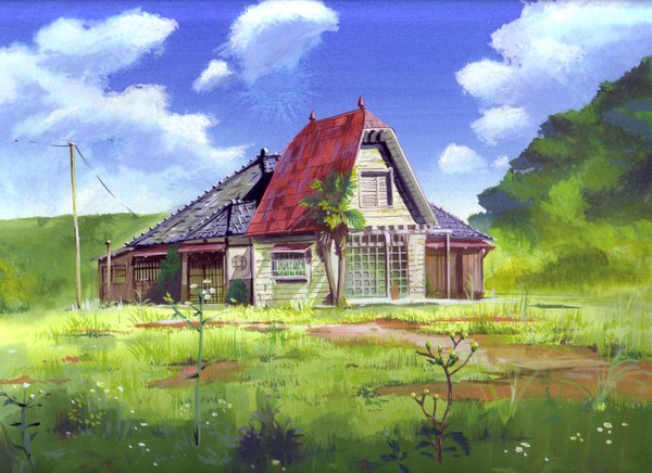 Anime picture 1500x1091 with tonari no totoro studio ghibli tunaso27 sky cloud (clouds) no people landscape architecture east asian architecture plant (plants) tree (trees) building (buildings) grass palm tree house