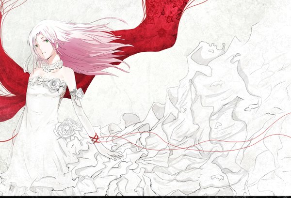 Anime picture 1320x900 with original humonster single long hair simple background bare shoulders green eyes pink hair wind girl dress gloves flower (flowers) choker elbow gloves frills white dress wedding dress shawl thread