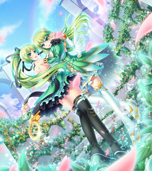 Anime picture 1800x2025 with elsword rena erindel wind sneaker (elsword) tsukimi kirara long hair tall image highres open mouth multiple girls green eyes ponytail green hair pointy ears elf girl thighhighs dress flower (flowers) ribbon (ribbons) black thighhighs