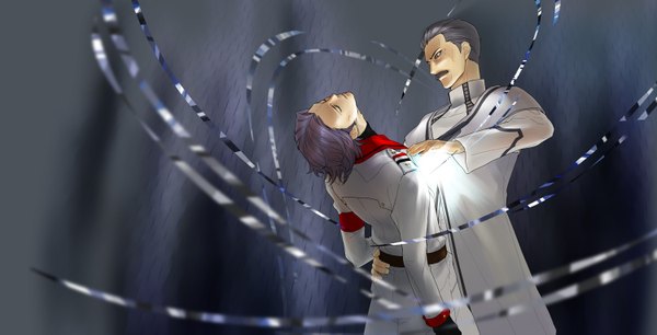 Anime picture 1500x765 with guilty crown production i.g makoto waltz segai shuuichirou koudou fumio (pixiv 3872655) short hair wide image holding brown eyes purple hair eyes closed grey hair grey background magic boy uniform mustache