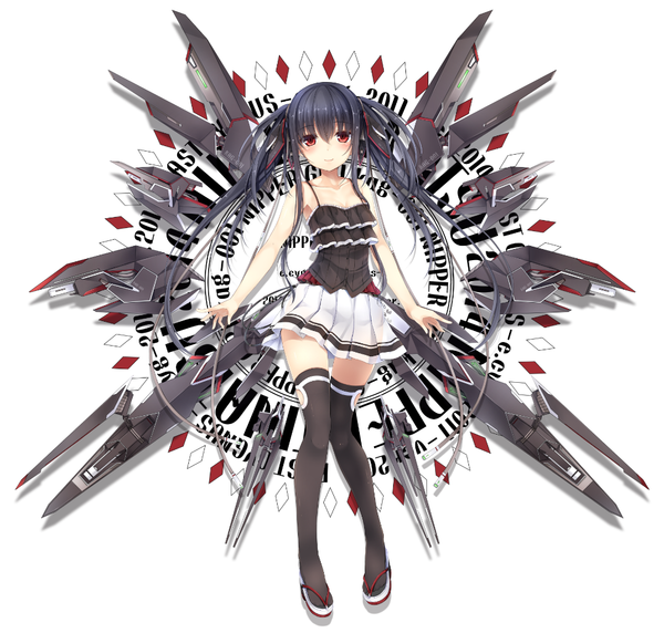 Anime picture 1012x966 with original kaguyuu single long hair looking at viewer blush black hair red eyes white background twintails zettai ryouiki girl thighhighs dress hair ornament weapon black thighhighs