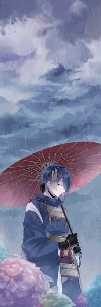 Anime picture 597x1800 with touken ranbu nitroplus mikazuki munechika tagme (artist) single tall image fringe short hair blue eyes holding blue hair looking away sky cloud (clouds) outdoors head tilt profile wide sleeves rain boy